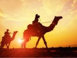 Modèle de caravane de chameaux au coucher du soleil.