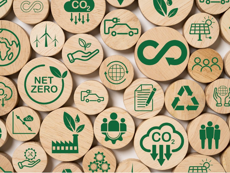 Des jetons en bois sur lesquels on peut voir plusieurs dessins en vert symbolisant des concepts reliés à la finance durable.